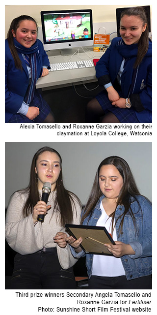 Image 1 - Alexia Tomasello and Roxanne Garzia working on their claymotion at Loyola College, Watsonia. Image 2 - Third prize winners Angela Tomasello and Roxanne Garzia with their award for their shortfilm 'Fertiliser'. Photo: Sunshine Short Film Festival website.
